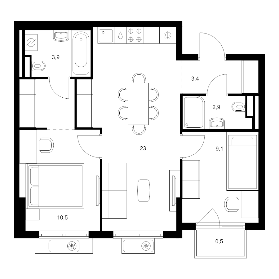 3 ккв (Евро) 56,9 м²