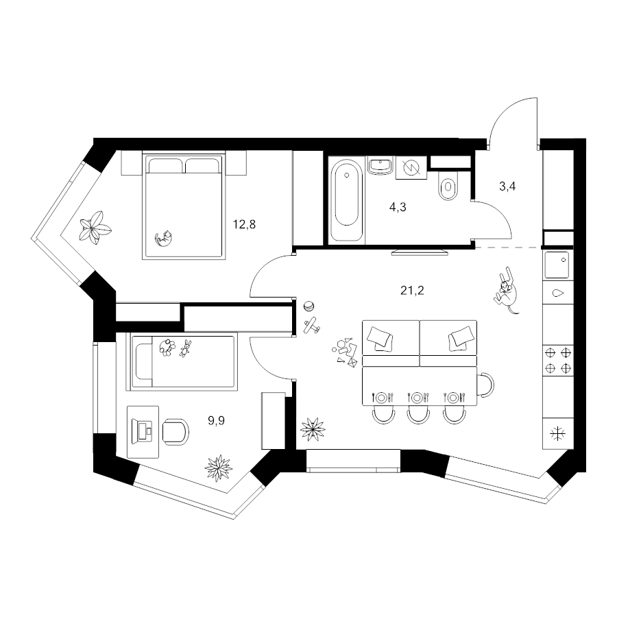 3 ккв (Евро) 51,6 м²