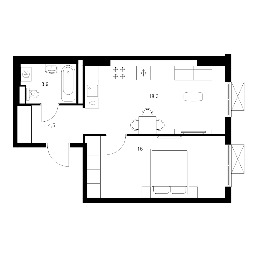2 ккв (Евро) 42,7 м²
