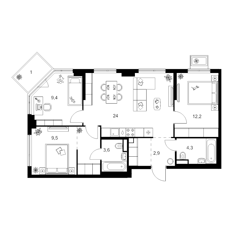 4 ккв (Евро) 74,3 м²