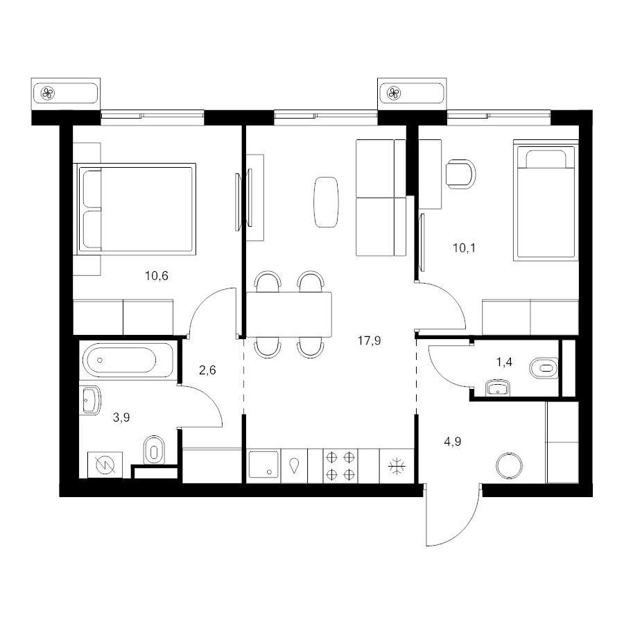 3 ккв (Евро) 51,4 м²