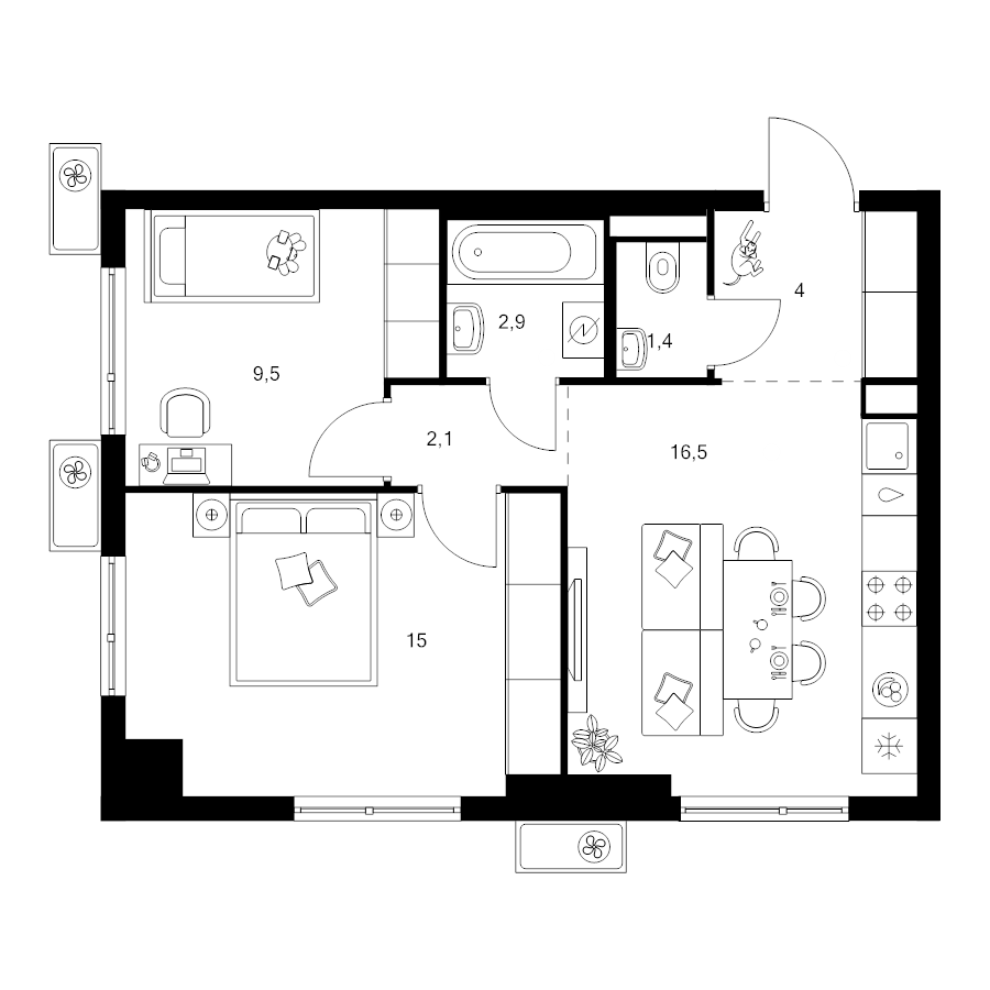 3 ккв (Евро) 51,4 м²