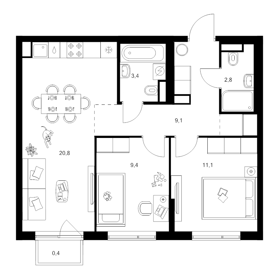 3 ккв (Евро) 58,1 м²