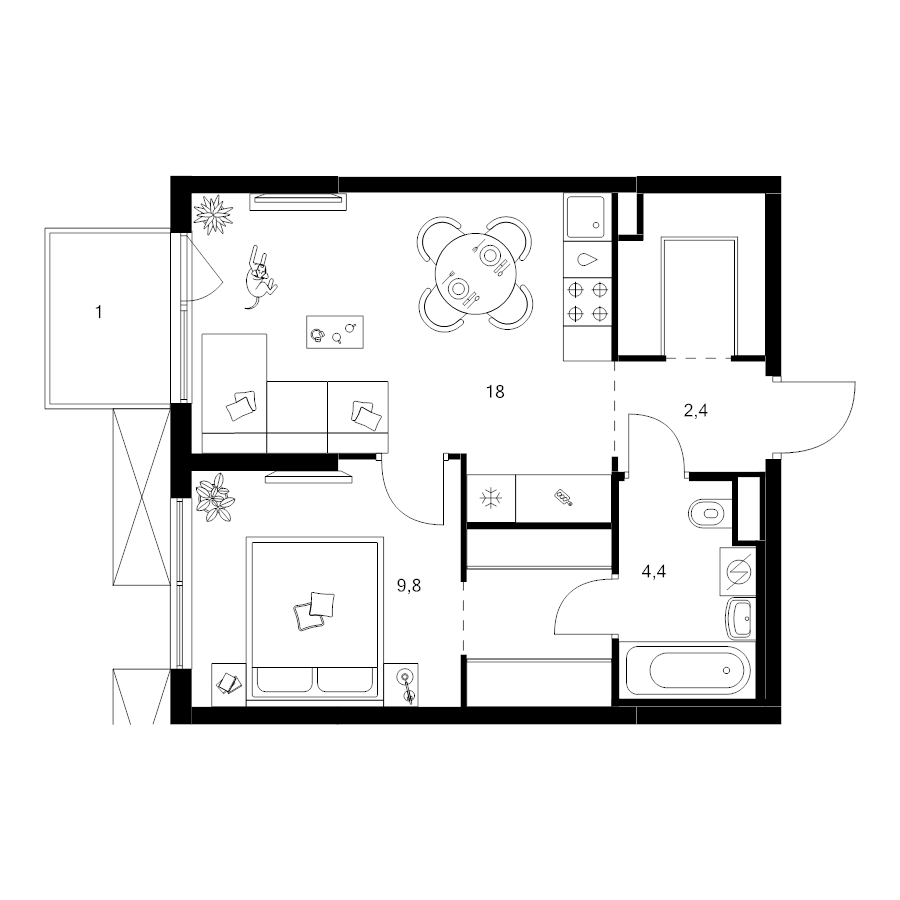 2 ккв (Евро) 42,8 м²