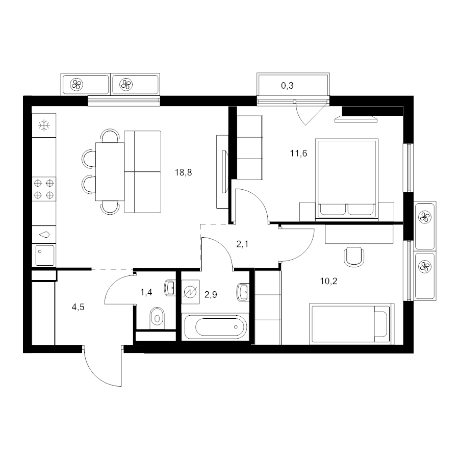 3 ккв (Евро) 51,8 м²