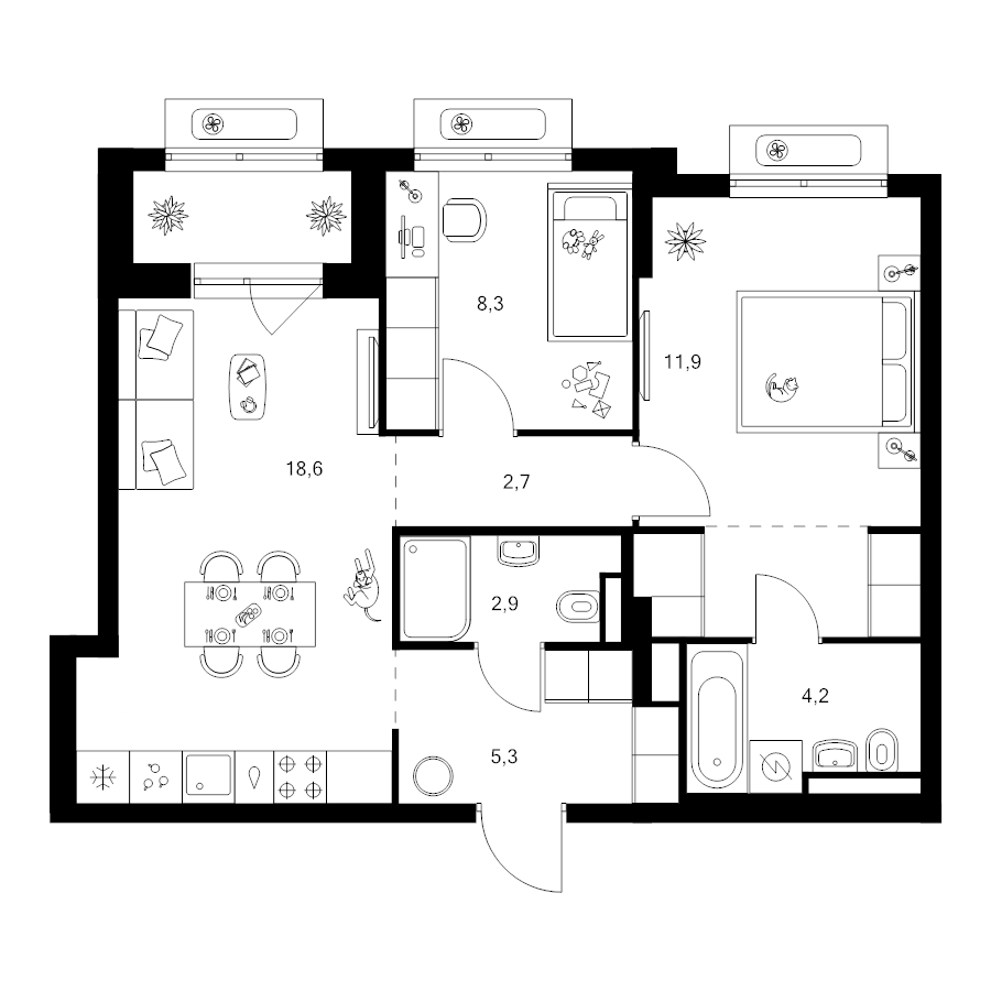 3 ккв (Евро) 59,1 м²