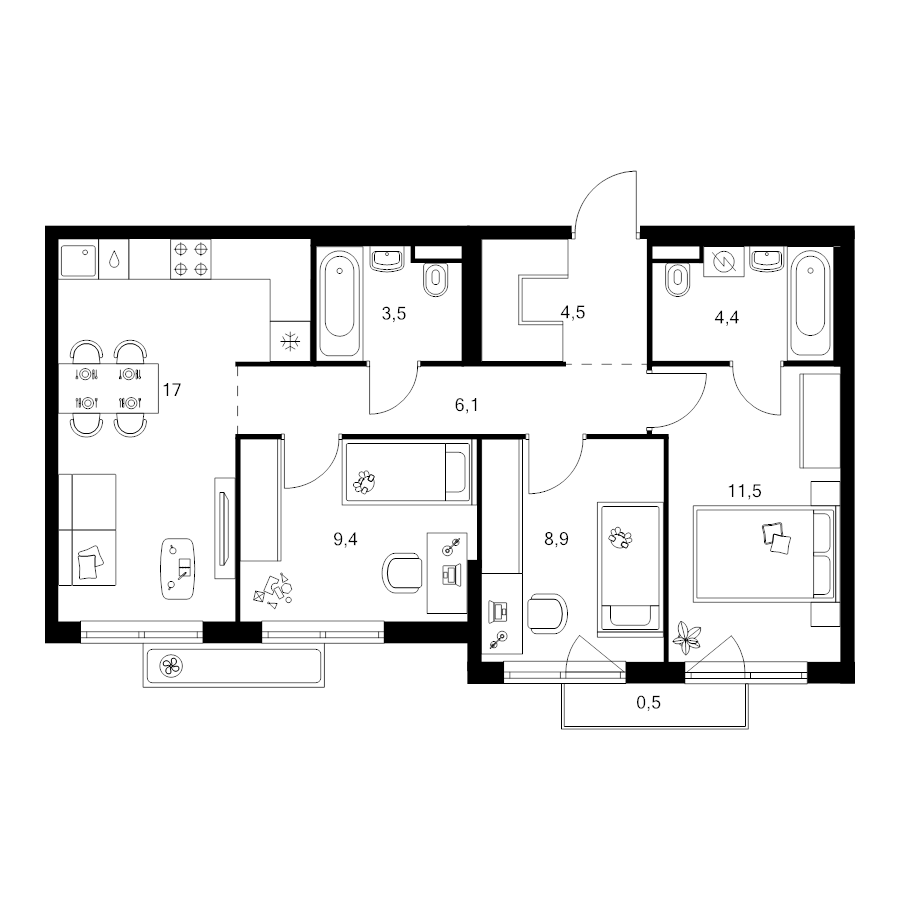 4 ккв (Евро) 65,8 м²