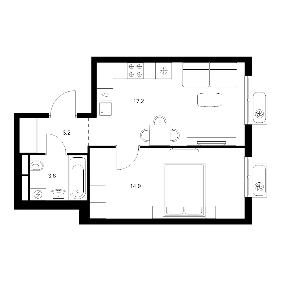 2 ккв (Евро) 38,9 м²