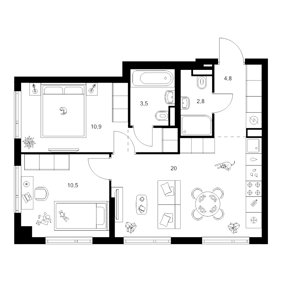 3 ккв (Евро) 54,3 м²