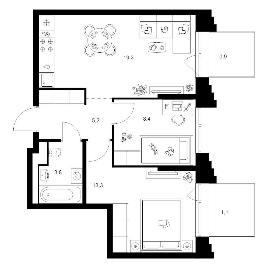 3 ккв (Евро) 52 м²