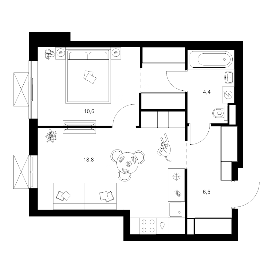 2 ккв (Евро) 43,9 м²