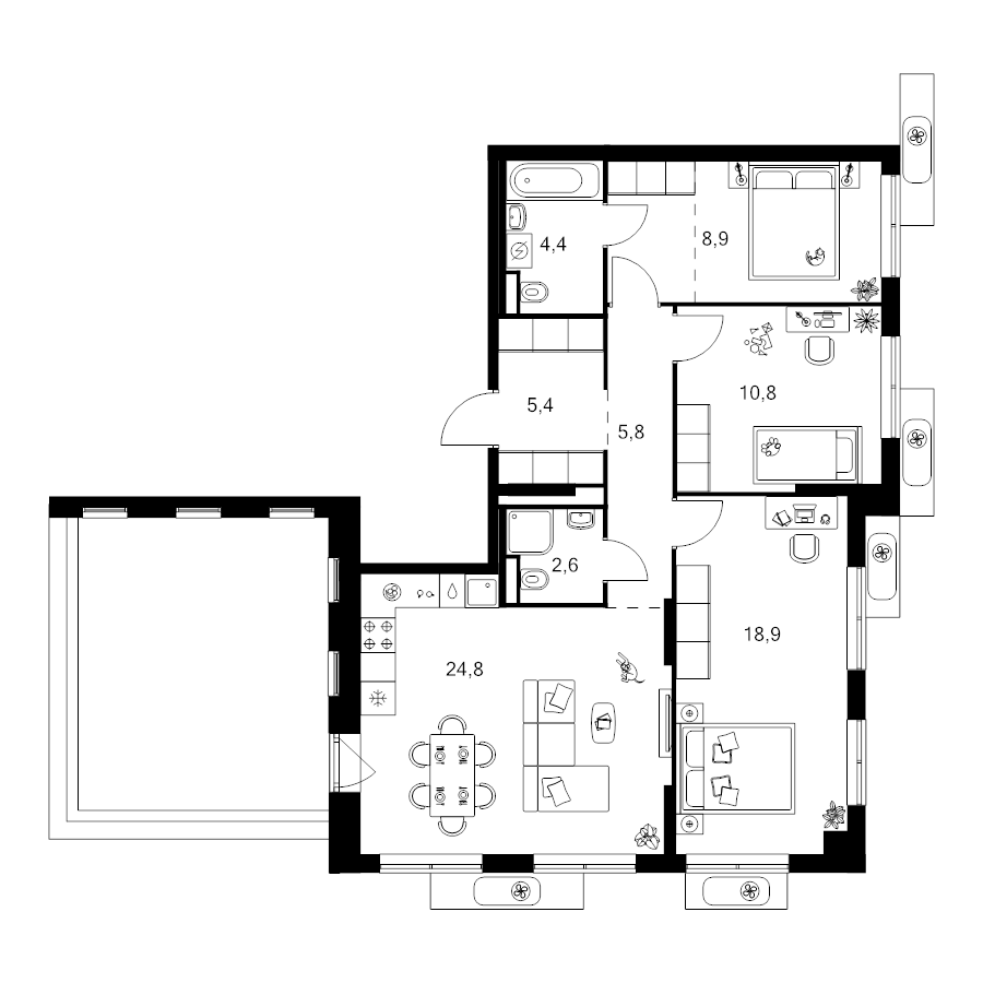 4 ккв (Евро) 92,7 м²