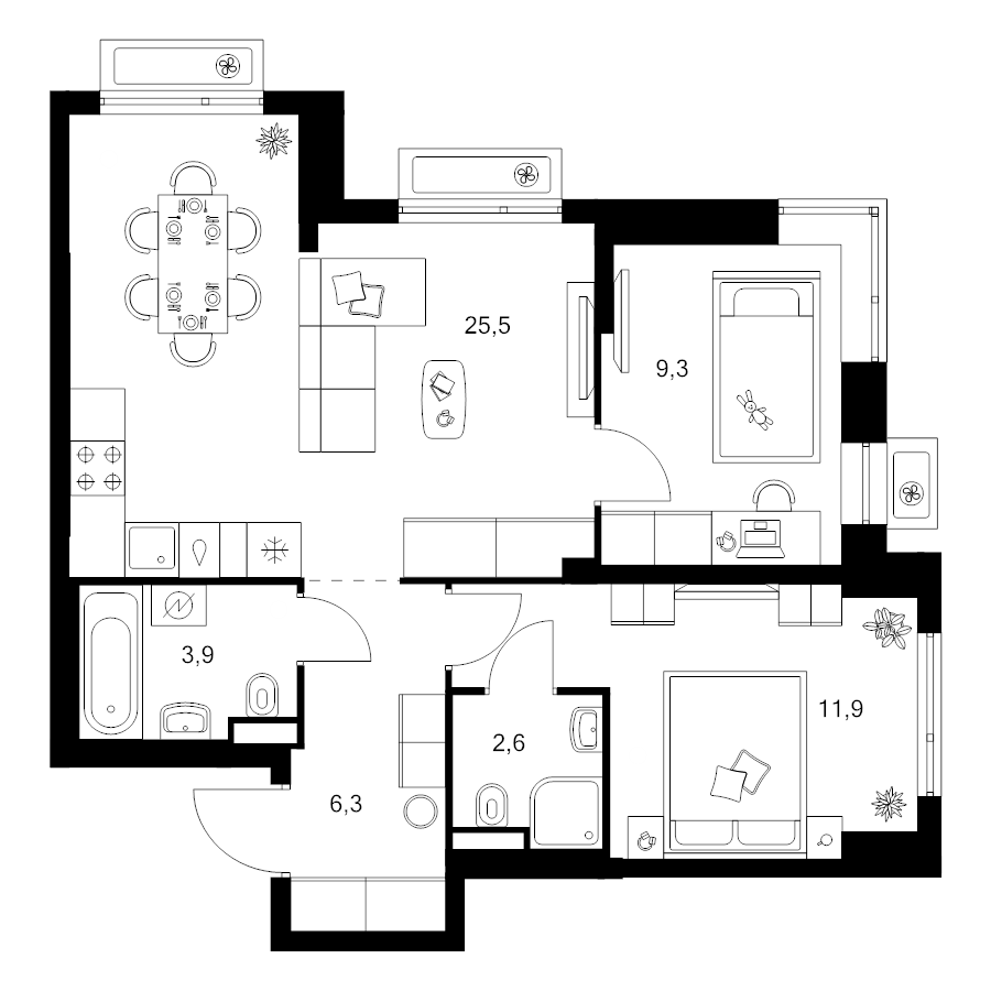 3 ккв (Евро) 59,5 м²