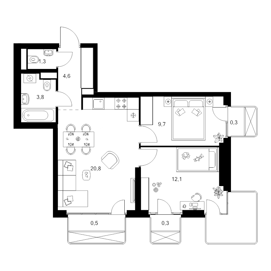 3 ккв (Евро) 54,7 м²