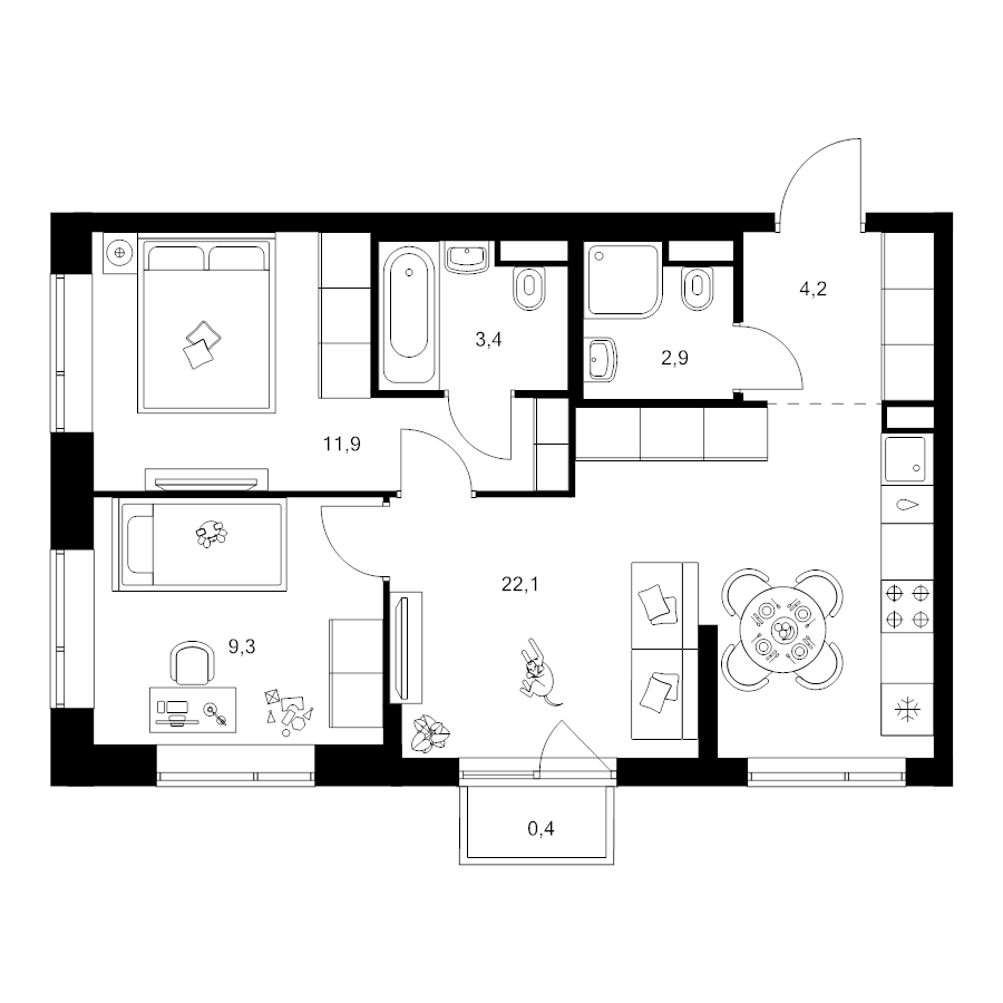 3 ккв (Евро) 54,6 м²