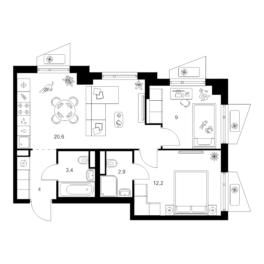 3 ккв (Евро) 52,1 м²