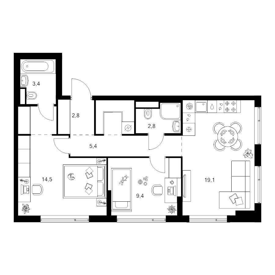 3 ккв (Евро) 63 м²