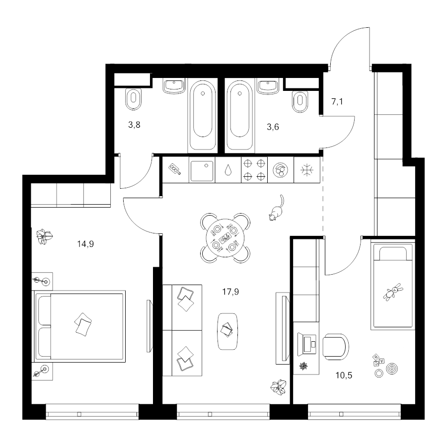 3 ккв (Евро) 58 м²