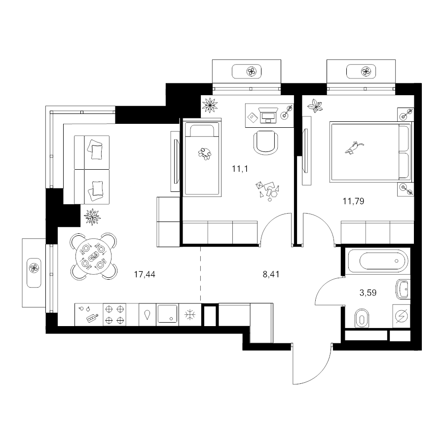3 ккв (Евро) 52 м²