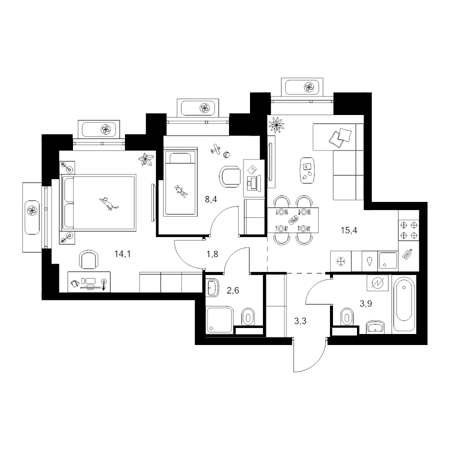 2 ккв (Евро) 49,5 м²