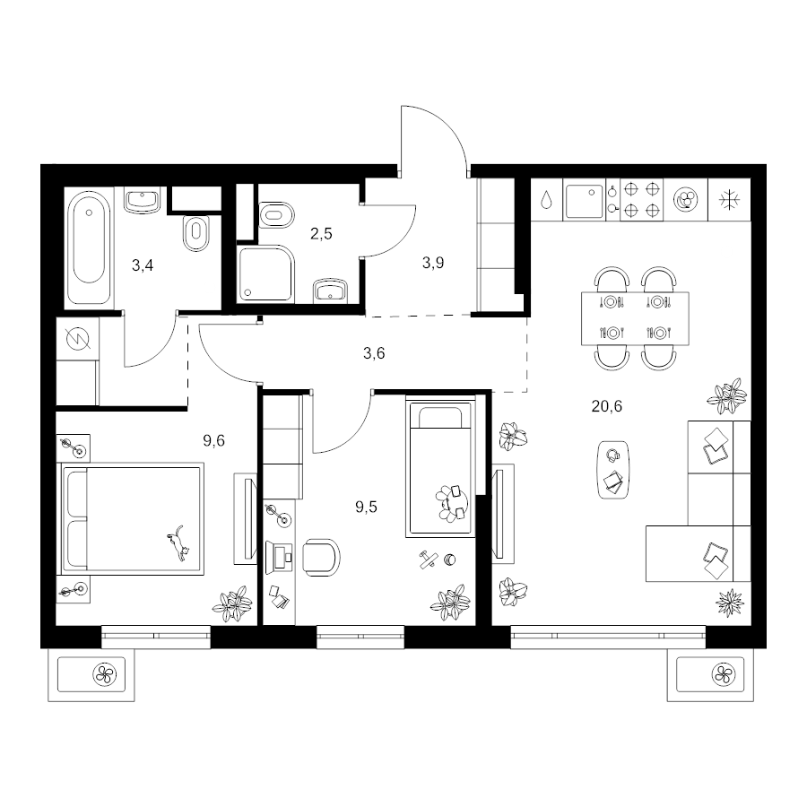 3 ккв (Евро) 55,4 м²