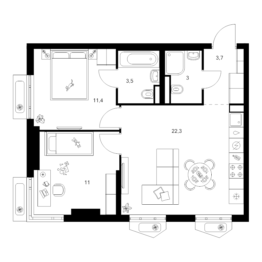 3 ккв (Евро) 54,9 м²