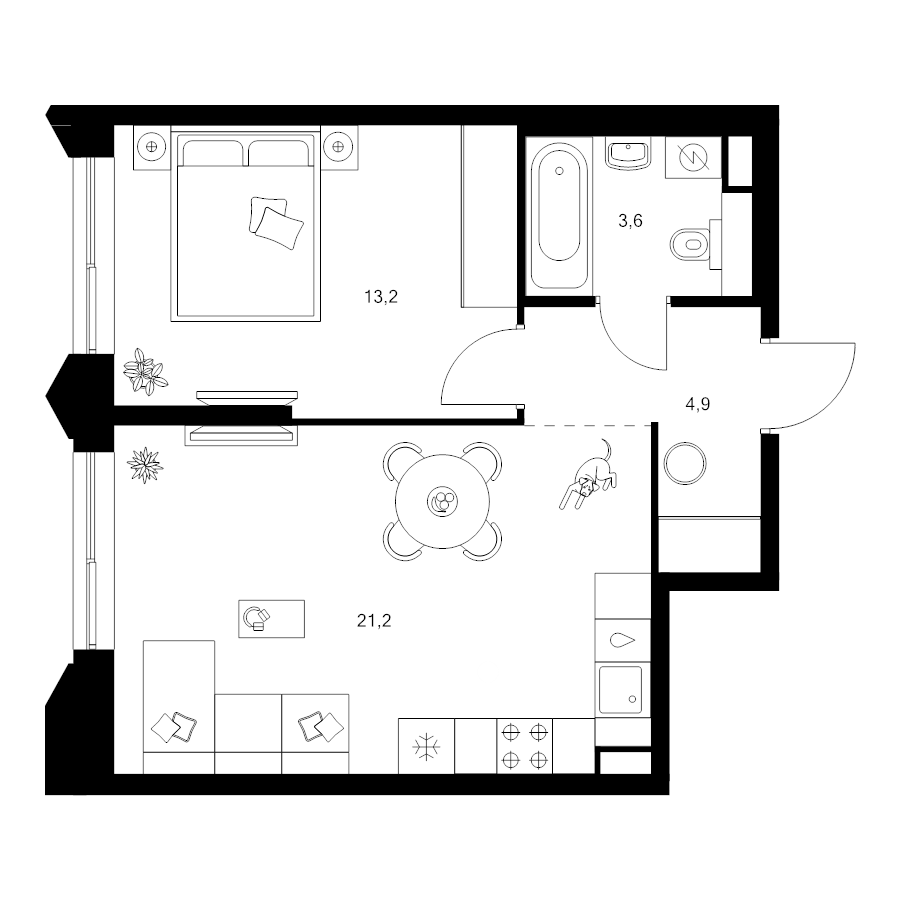 2 ккв (Евро) 42,9 м²
