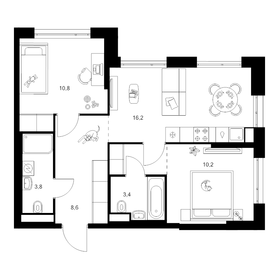3 ккв (Евро) 55,7 м²