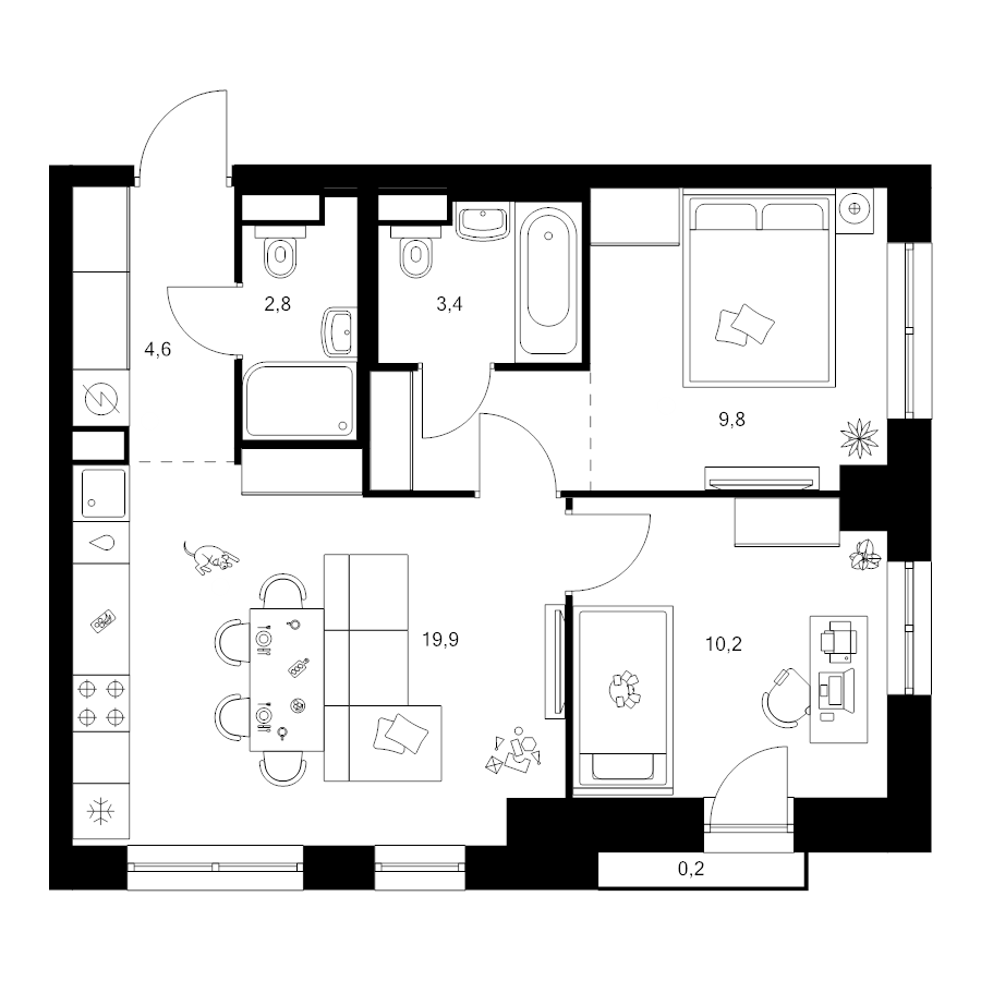 3 ккв (Евро) 53,8 м²