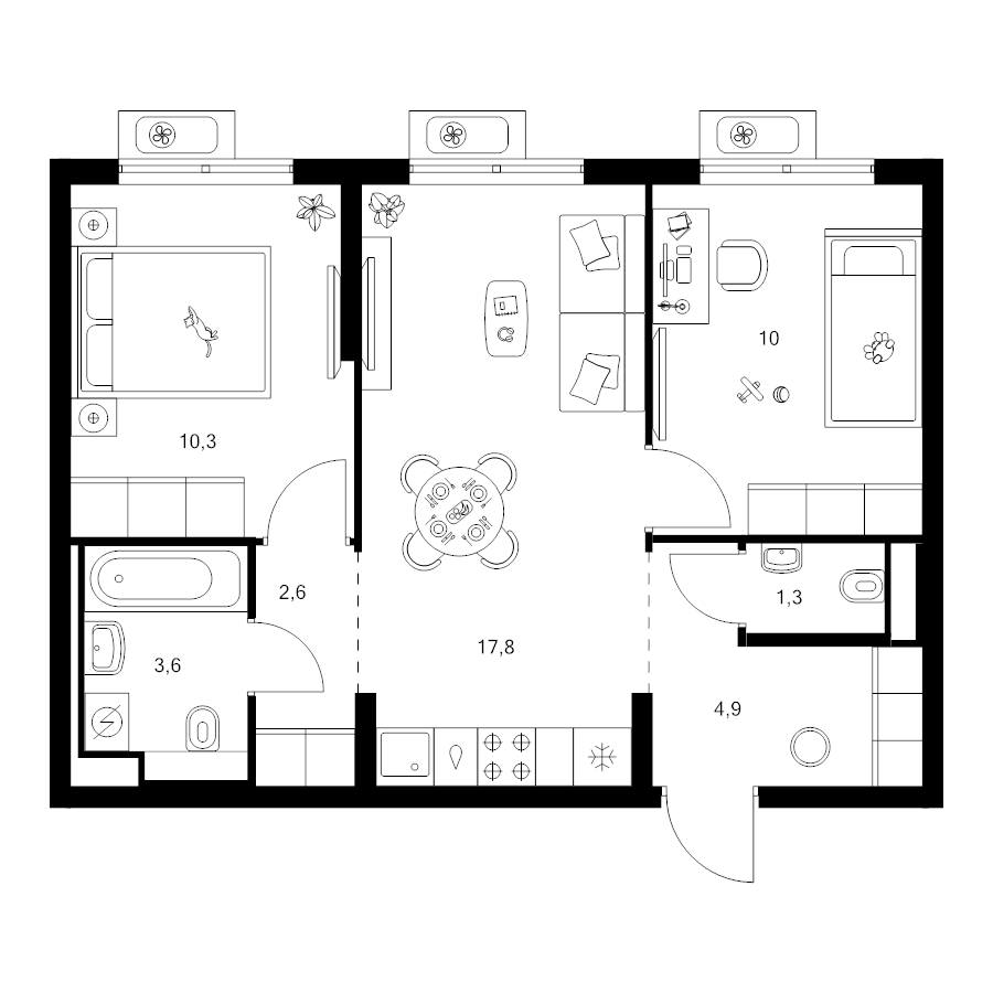 3 ккв (Евро) 50,5 м²