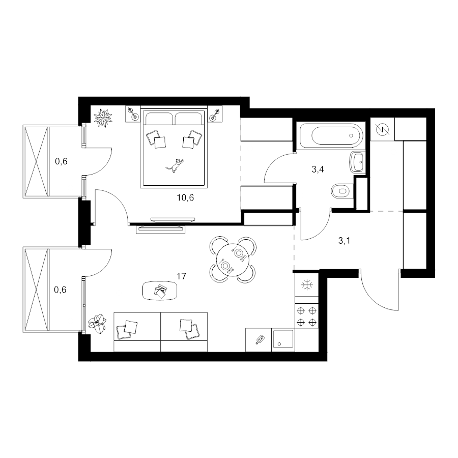 2 ккв (Евро) 42,7 м²