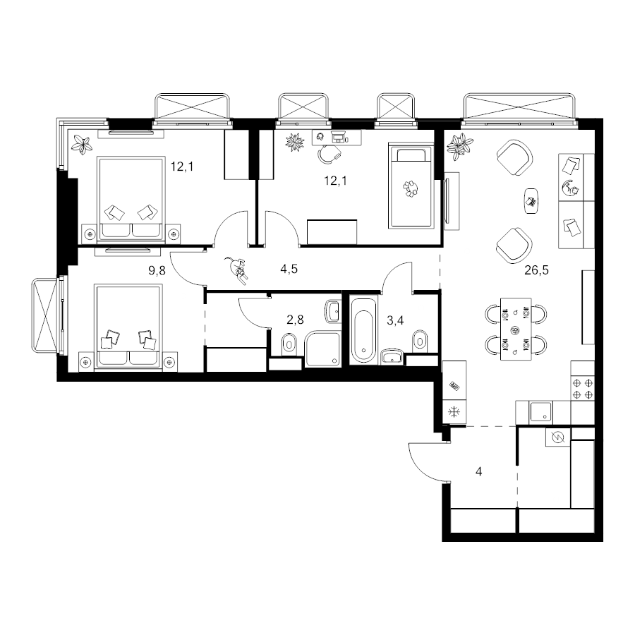 4 ккв (Евро) 83,8 м²