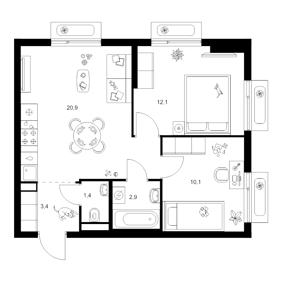 3 ккв (Евро) 50,8 м²