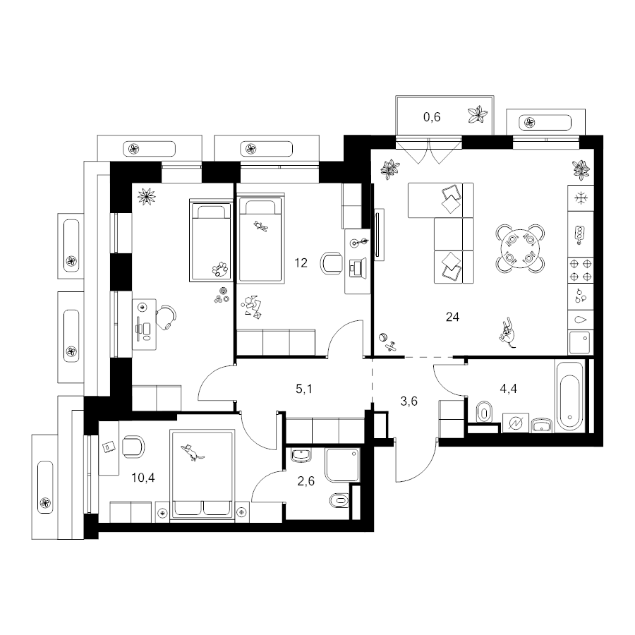 4 ккв (Евро) 74,9 м²