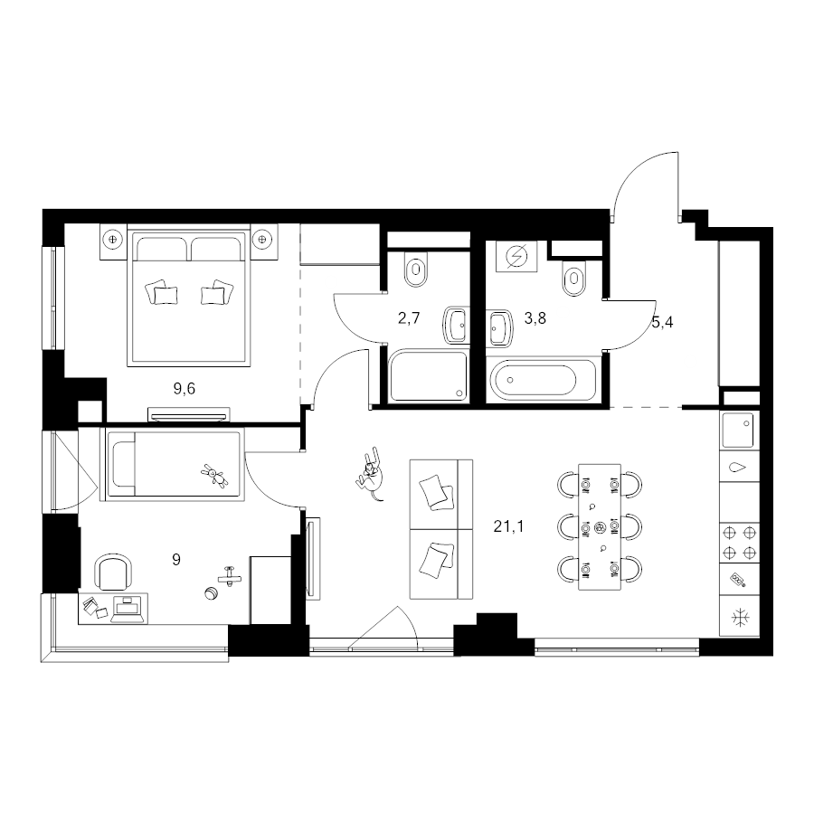 3 ккв (Евро) 54,6 м²