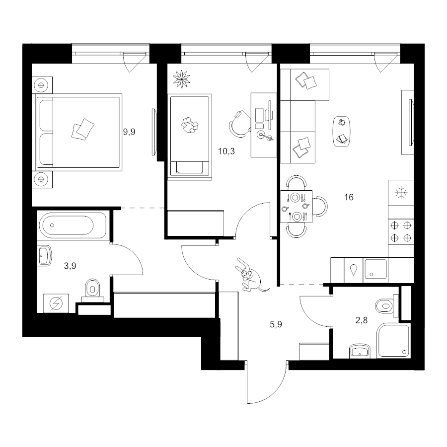 3 ккв (Евро) 54 м²