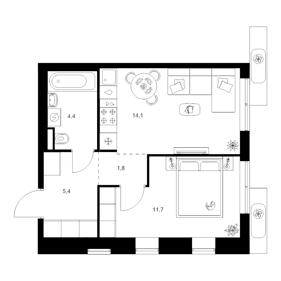 1 ккв 37,4 м²