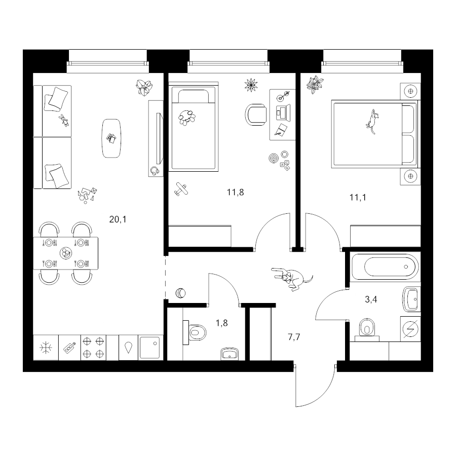 3 ккв (Евро) 55,9 м²