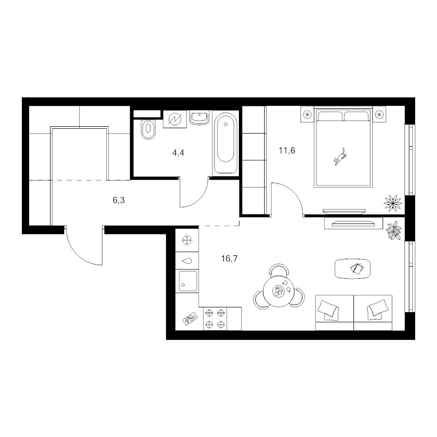 2 ккв (Евро) 44 м²