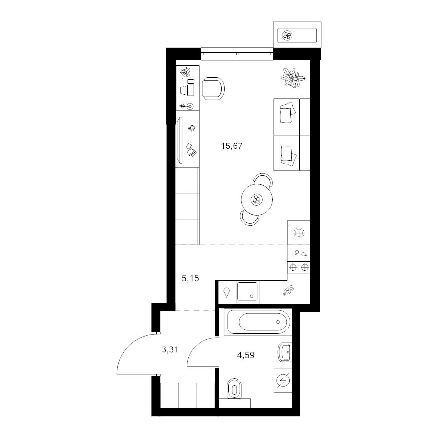Студия 28,5 м²