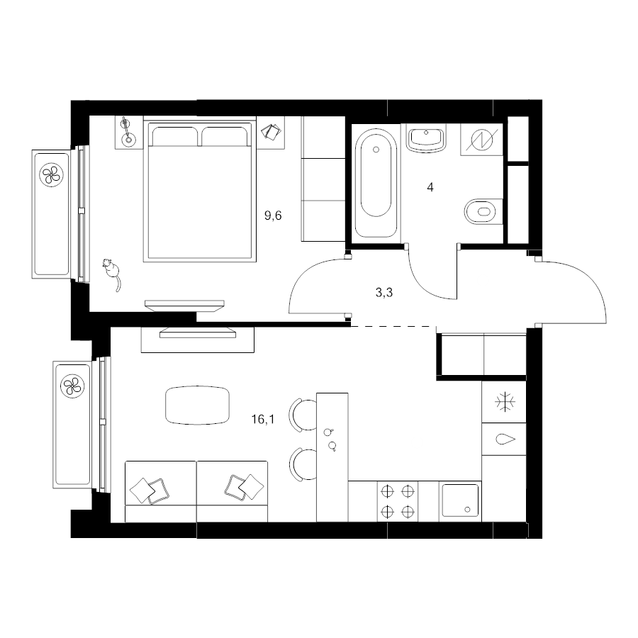 2 ккв (Евро) 33 м²