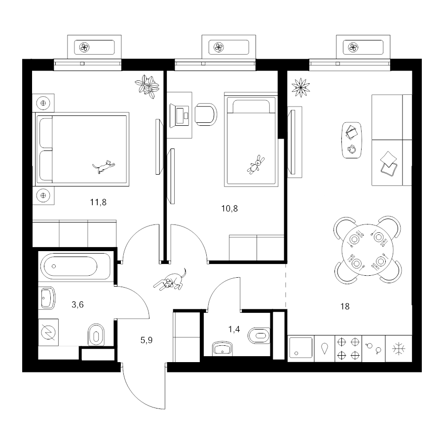 3 ккв (Евро) 51,5 м²