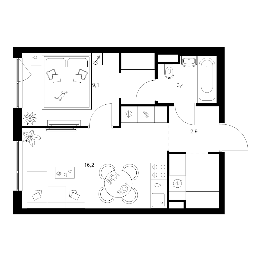 2 ккв (Евро) 37,2 м²