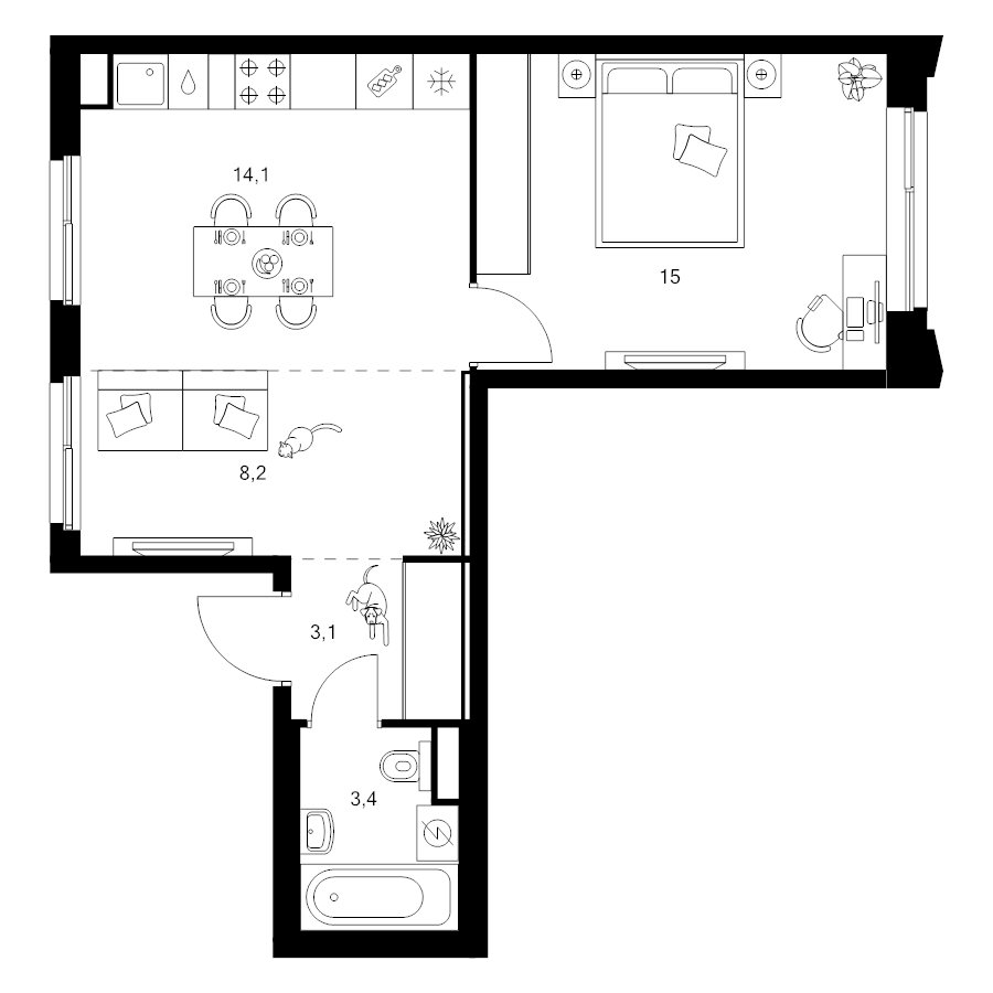 2 ккв (Евро) 43,8 м²