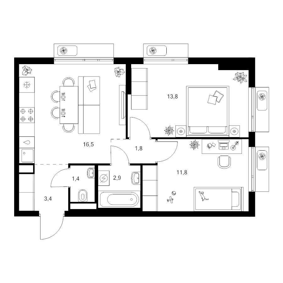 3 ккв (Евро) 51,6 м²