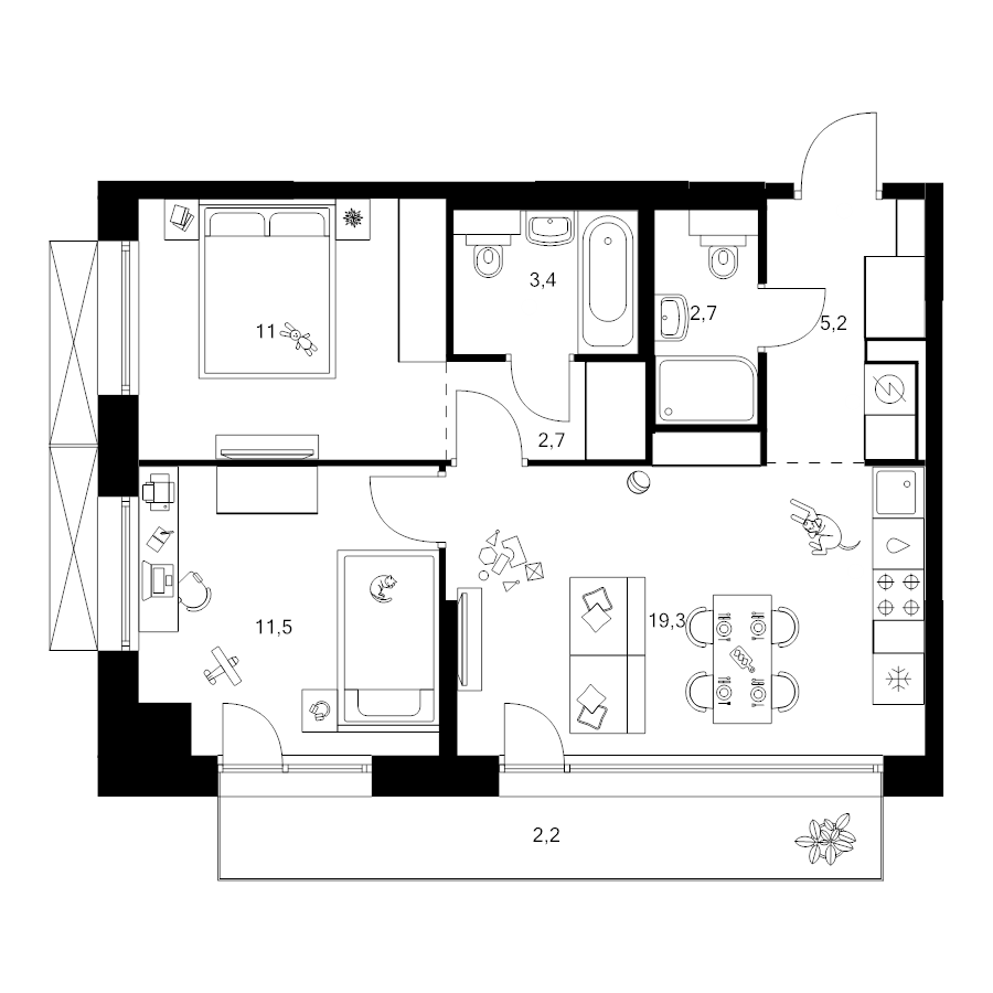 3 ккв (Евро) 58 м²