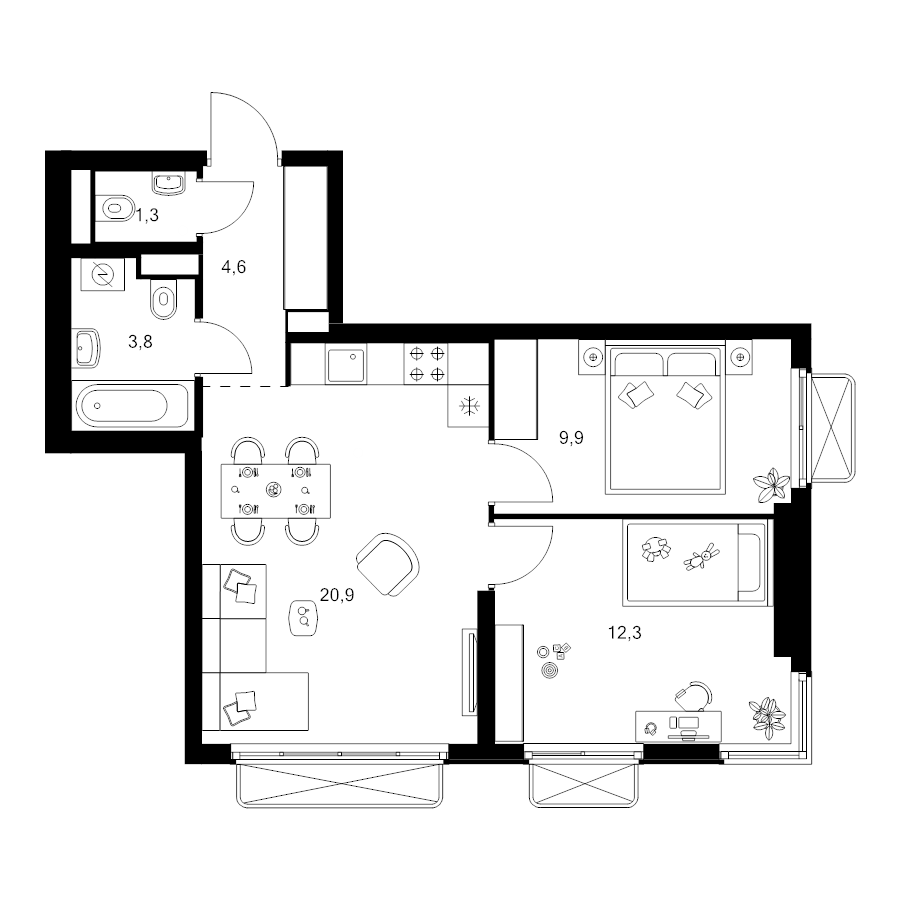 3 ккв (Евро) 52,8 м²