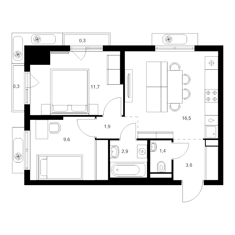 3 ккв (Евро) 48,2 м²