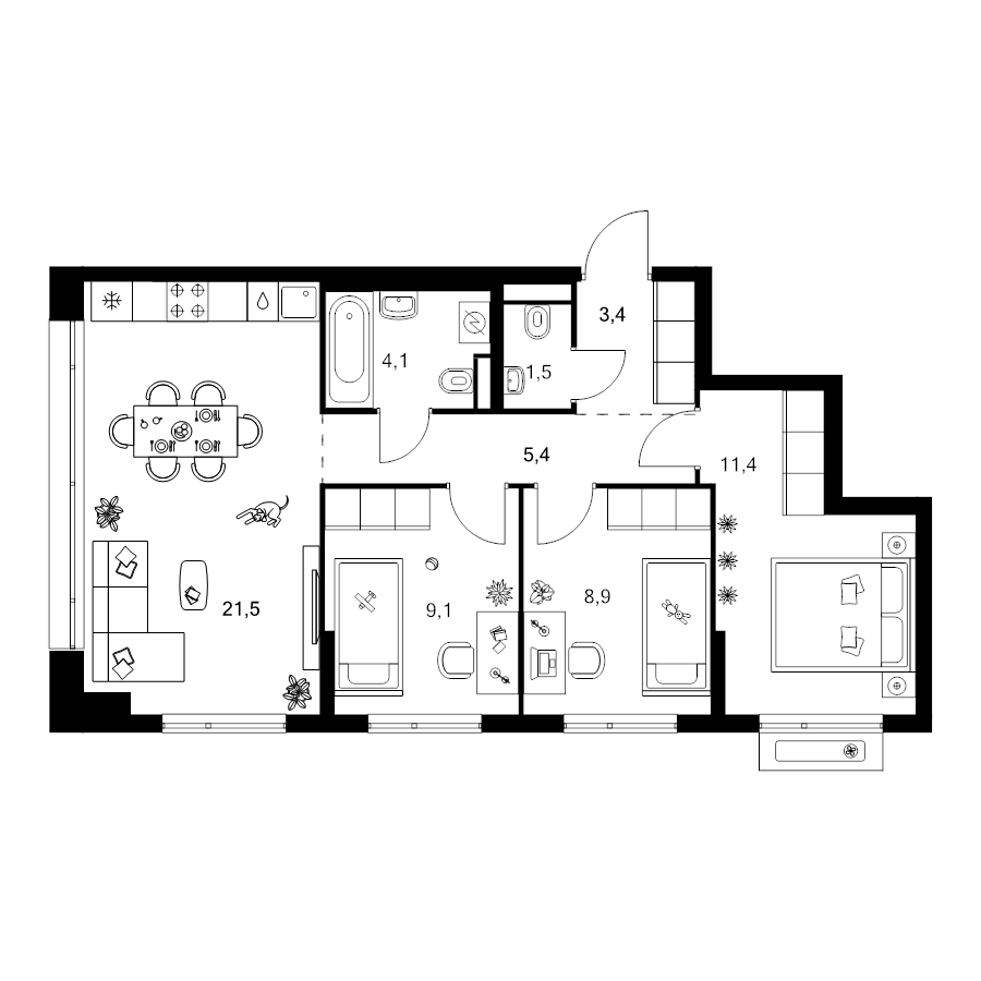 4 ккв (Евро) 65,3 м²