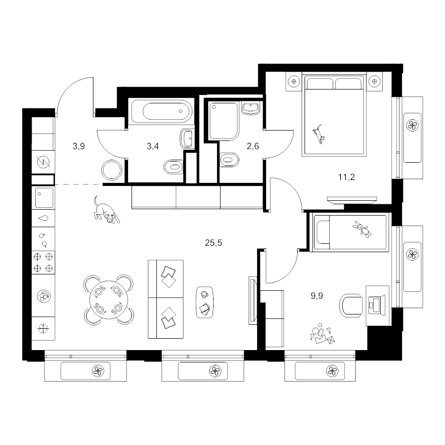 3 ккв (Евро) 56,5 м²